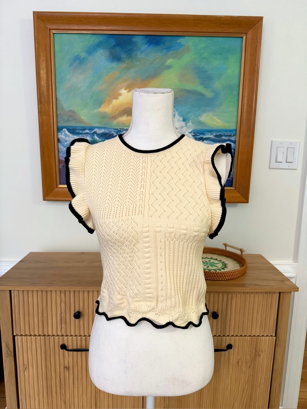Cream Ruffle-Trim Knit Top